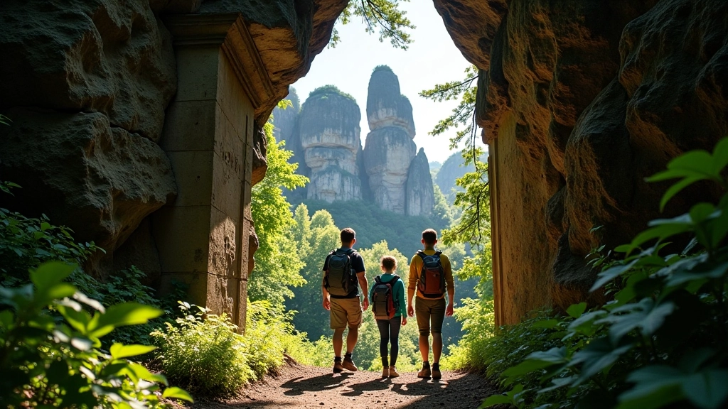 Hikers standing on forest trail looking up at tall sandstone rock formations creating natural stone gate, dappled forest light, sense of scale and wonder