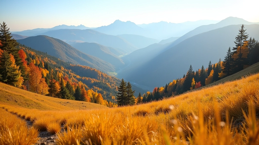 Autumn mountain landscape with golden grass and colorful foliage on slopes, clear visibility