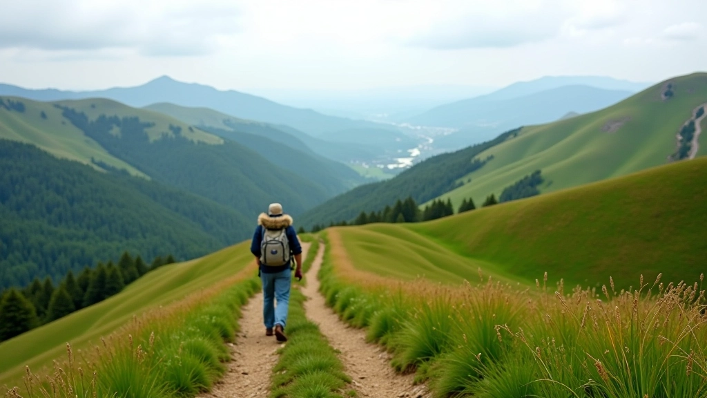 Beskydy ridge trail with gentle grassy slopes and mountain vistas, hiking path winding through landscape