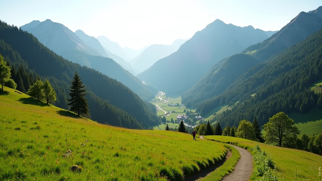 Krkonoše mountain valley with gentle slopes and forest coverage, scenic mountain landscape