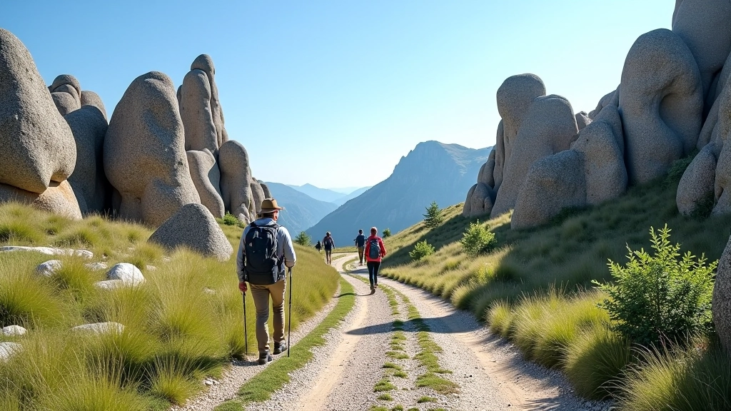 Český ráj rock formations and sandstone gates, scenic walking path between distinctive stone pillars, popular hiking destination in Czech Republic