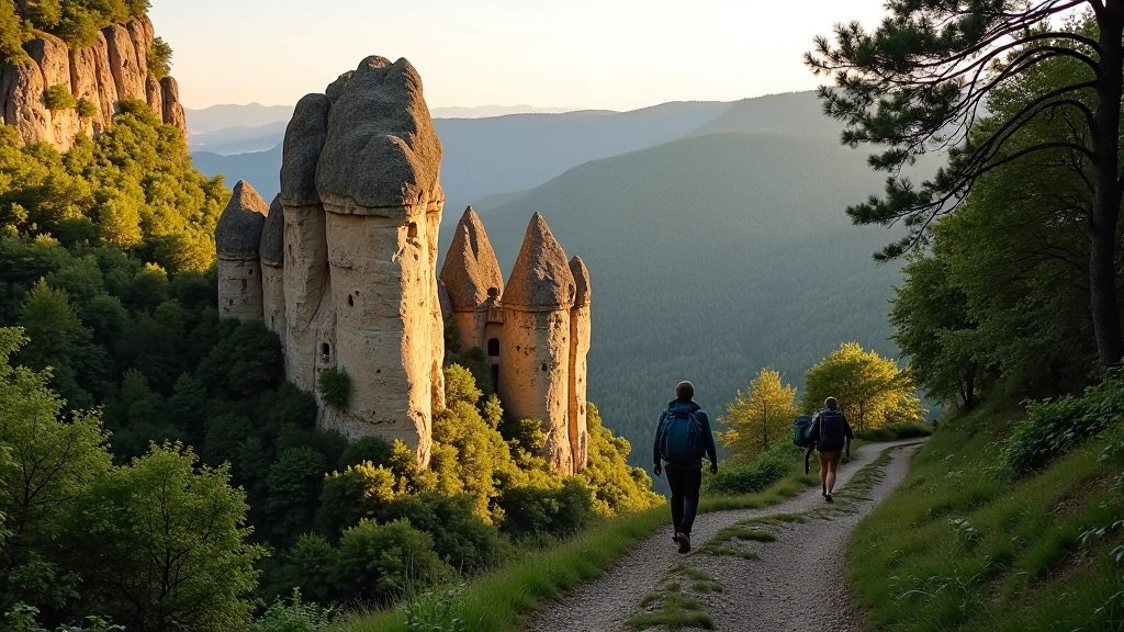 Sandstone rock formations rising from forest valley, weathered stone towers and natural gates framed by green vegetation and trees