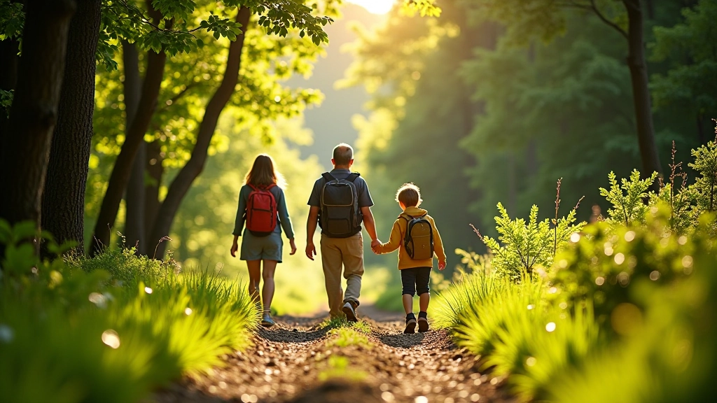 Family group hiking on gentle mountain trail with mixed age ranges, scenic mountain setting with comfortable terrain