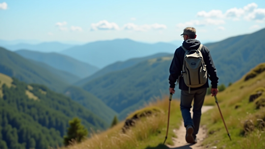 Hiker with backpack on mountain ridge trail, wearing layers and proper hiking boots, clear weather and distant peaks visible