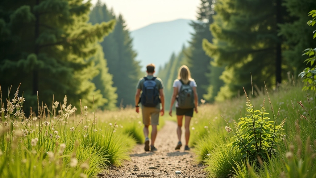 Jeseníky Mountains family-friendly hiking trail, gentle forest path with hikers of mixed ages and fitness levels, peaceful mountain landscape suitable for all ages